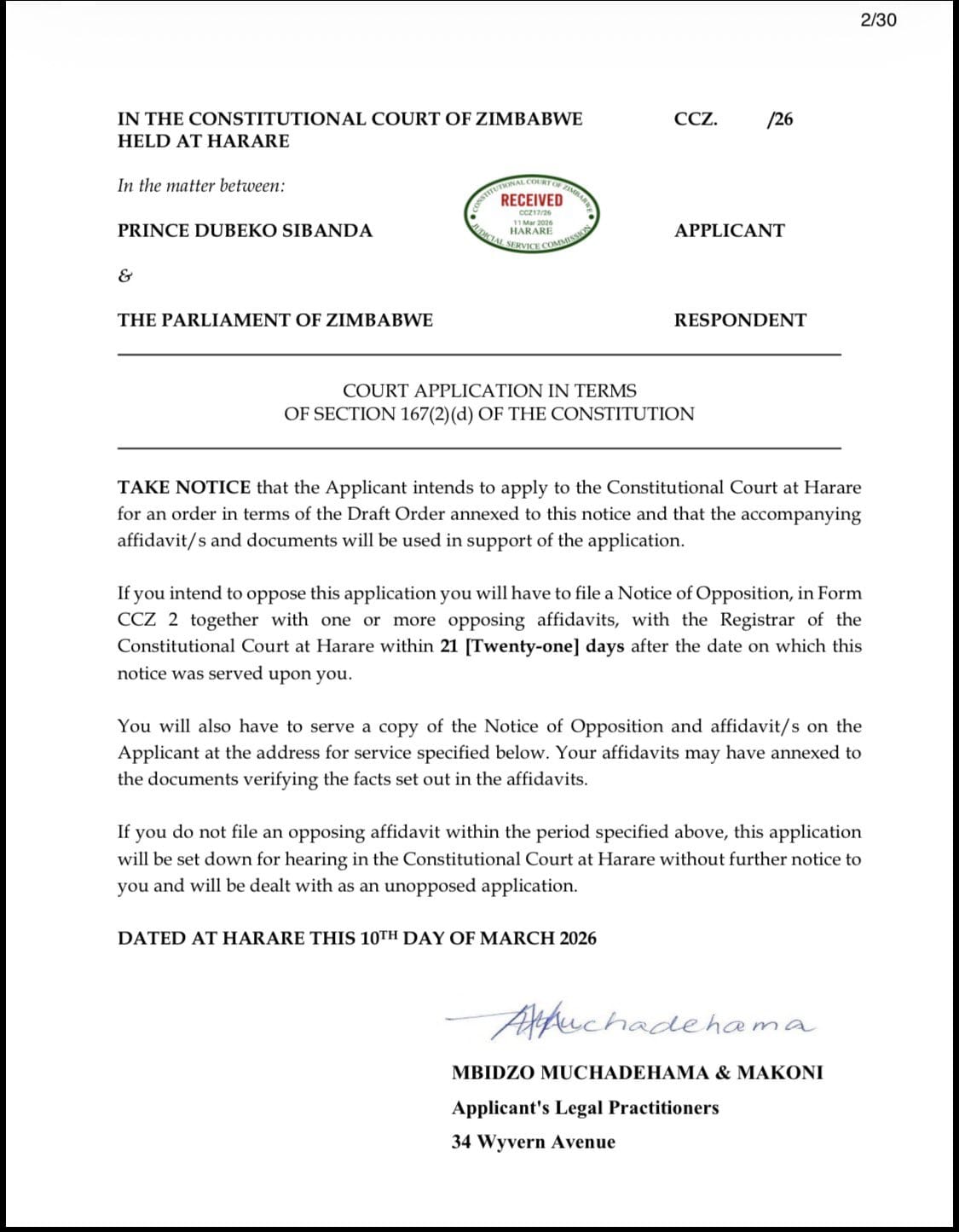 Court case filing document